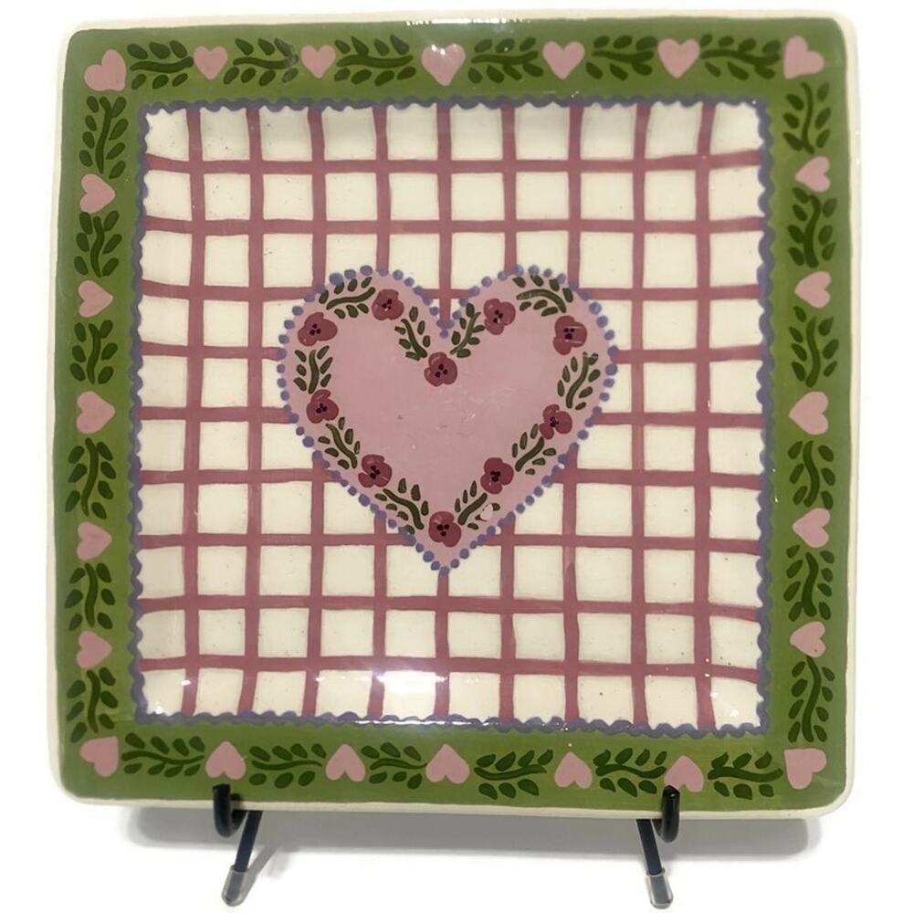 Kristi's Kollection Pink Heart Serving Plate 11" x 11" Green Red Pink White Red